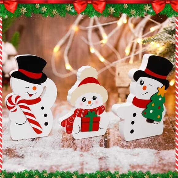Christmas Snowman Decorations Set of 3 Wooden Tiered Tray Winter Table Decor - Picture 4 of 7